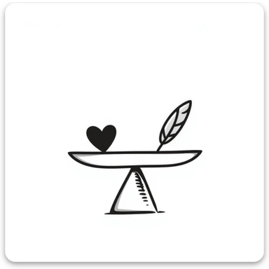 A simple scale balancing a feather and a heart, representing emotional balance and lightness. Hand-drawn doodle style. sticker