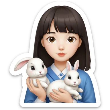 korean girl with bangs holding rabbit sticker