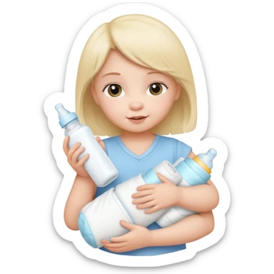 CUTE BABY GIRL WITH BOTTLE AND STACK OF DIAPERS sticker