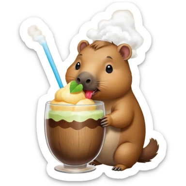 A capybara drinking from a sorbet that is inside a wooden glass and smoke comes out sticker