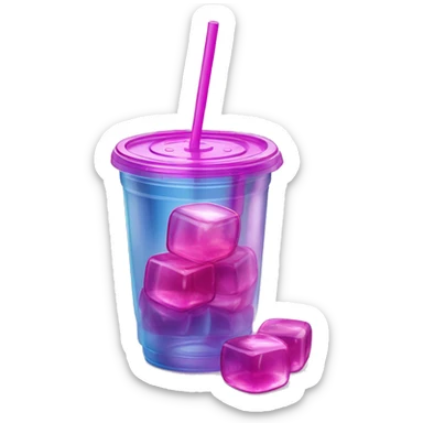 Realistic plastic cup and lid with Transluscent magenta soda and large ice cubes inside and one straw through the top of the lid. sticker