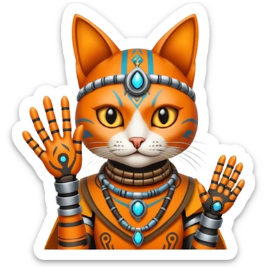 cat, wear tribal shaman cloth, hand cyberborg sticker