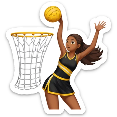 Brown haired girl in black dress with yellow stripe shooting into a netball net sticker
