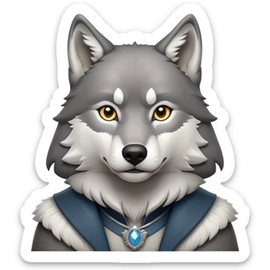 cinematic-noble-wolf-portrait-emoji,-poised-and-regal,-with-a-strong,-lean-build-and-a-sleek,-fur-of-grey-and-white,-deep-set-soulful-piercing-eyes,-simplified-yet-sharp-and-sophisticated-features,-highly-detailed,-full-body, zoomed out showing shoulders sticker