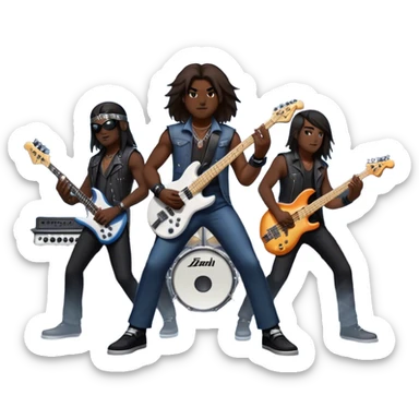 Icon for Metal Music: metal band on stage with 4 musicians playing electric guitars, bass, and drums. The atmosphere is intense, with flashing lights, smoke, and energetic stage presence. The vibe is powerful and electric. Transparent background. sticker