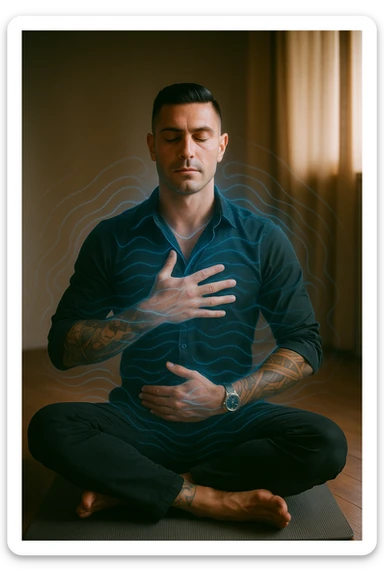 A highly realistic, cinematic portrait of a man in his early 30s with a calm, focused expression, sitting cross-legged on a yoga mat in a softly lit room. His eyes are closed, and he is performing deep diaphragmatic breathing, with one hand resting on his chest and the other on his abdomen, visibly rising and falling with each breath. A subtle glow or faint blue light outlines his body, symbolizing calm energy and nervous system regulation. Around him, faint symbolic waves or flowing lines in blue tones represent the breath calming the autonomic nervous system, while a soft warm light from a window illuminates his relaxed face. The atmosphere is peaceful and grounded, with warm natural tones and a clean, minimalist setting, evoking the feeling of inner calm and nervous system reset through conscious breathing. Style: 35mm hyperrealistic film photography, soft depth of field, warm lighting with clear focus on the man's peaceful face and breathing posture sticker
