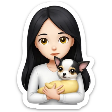 Fair skin girl - long black hair - white clothes - hugging a black, yellow and white Chihuahua sticker