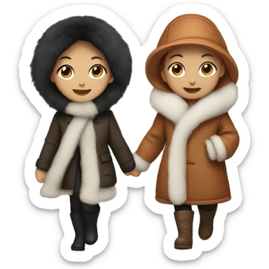 Two girls in fur winter coats walking one with black hair white skin and the other with copper hair and white skin walking sticker