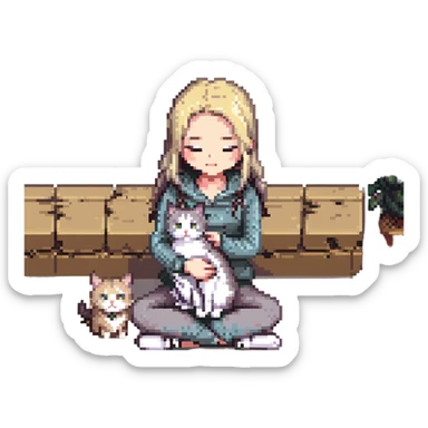 Remix using this girl as the character, petting a gray and blonde mixed cat in pixel art style. The girl is sitting cross-legged and the cat is curled beside her. sticker