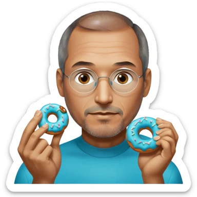 Steve jobs is eating a fully glass colored doughnut. the Doughnut is colored cyan and steve jobs is holding it by his hands, going to eat sticker