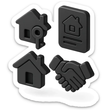 an icon representing mortgage services, including a house with a key, a document with a house symbol, and a handshake over a house, 3D black style sticker
