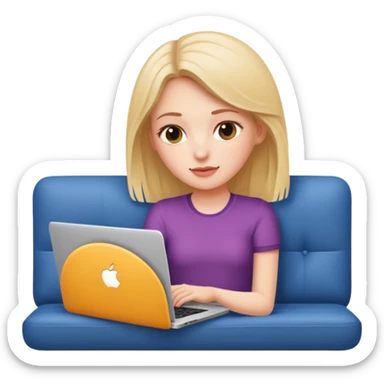 A white girl is lying on a sofa with a laptop sticker