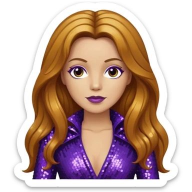 Lee Purcell with long golden brown hair, dark purple sequin outfit sticker