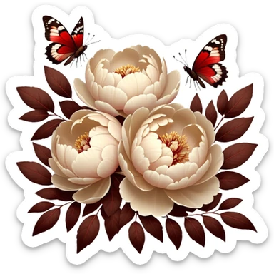 Soft beige peonies bloom among deep brown-red leaves, while delicate brown butterflies flutter nearby. Warm sunlight casts a vintage glow over the scene. sticker