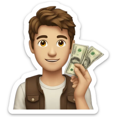 A rich teenagers with forward Brown hair and beige skin with money in his hand sticker