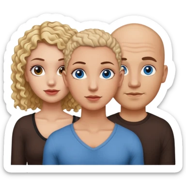 tattooed covered bbald brown eyed male with blonde haired blue eyed big boob female with brunette curly haired brown eyed big boob female throuple  sticker