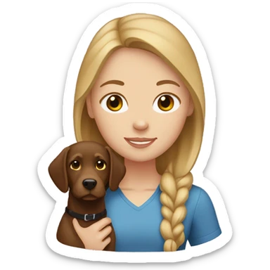 White girl with brown-blonde hair holding a brown Labrador  sticker