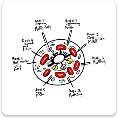 Anatomical diagram of antimicrobial mechanism: red bacteria with labeled parts (cell wall, membrane, DNA) surrounded by yellow antibiotic molecules and blue antimicrobial peptides breaking through cell structures. Hand-drawn scientific illustration with detailed cross-section view. sticker
