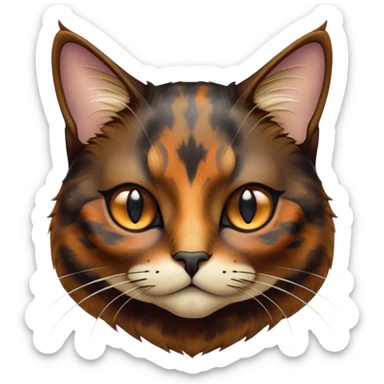 Cinematic Noble Tortoiseshell Cat Portrait Emoji, Poised and dignified, showcasing a luxurious, mottled fur of rich browns and blacks, with elegantly arched whiskers and a determined yet gentle expression, simplified yet meticulously detailed, glowing with a subtle, regal radiance, high shine, embodying quiet nobility and refined charm, soft glowing outline, capturing the essence of a sophisticated tortoiseshell cat exuding quiet authority! sticker