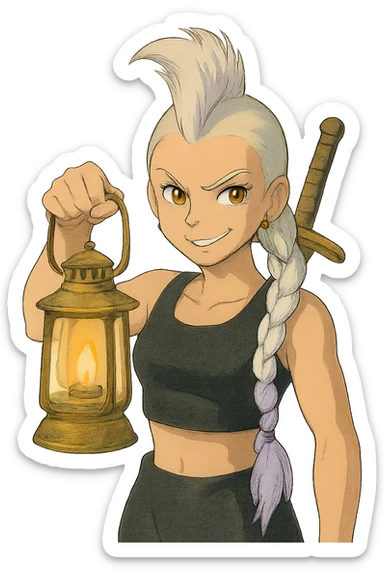 A sword maiden, mohawk, long braid white hair with lavender tips, gold yellow eyes, black crop top, brandishing a lantern. Mischievous smirk sticker