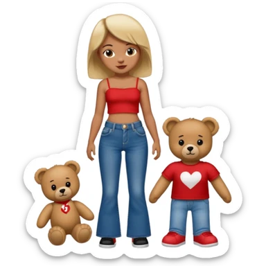 A boy and a girl teddy bear for the boy bear put on true religion shirt and jeans with black shoes and for the girl put flare jeans and a red tube top and white shoes just bears not the humans  sticker