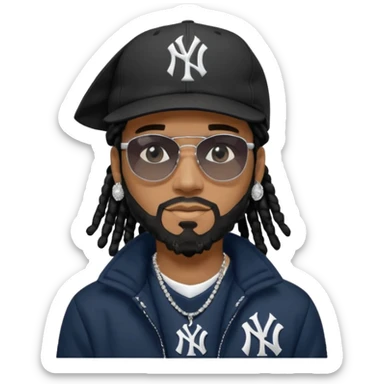African American man with shoulder length black dreadlocks with black beard wearing black sunglasses wearing a New York Yankees logo baseball cap wearing a black bubble winter coat wearing diamond earrings for men with diamond cross necklace on his neck sticker