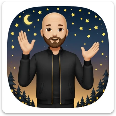 man with a bald head and beard, wearing an all-black outfit, standing and clapping his hands, outdoors at night sticker
