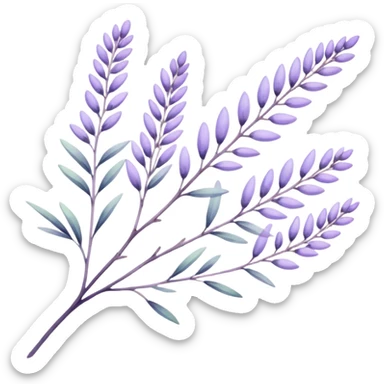 The art style is clean line art with delicate watercolor textures, pastel colors, and a dominant palette of lavender, soft lilac, and muted purple. Let the branch be more elongated and have short branches on it. sticker