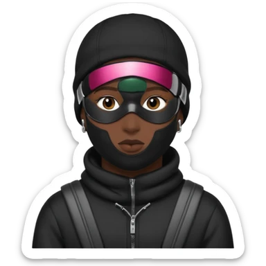 Somebody with black clothes on and a ski mask in the black with earrings sticker