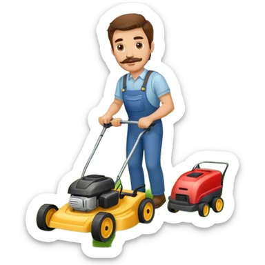 Man with brown hair and brown mustache mowing sticker