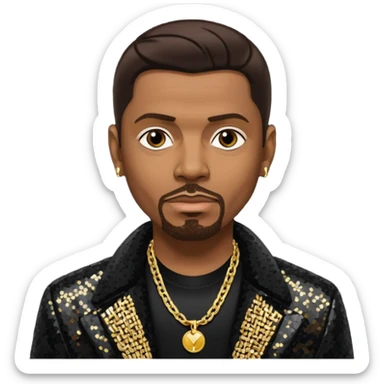 Keith Sweat (b.1961) with dark brown hair, black sequin jacket, black shirt with necklace sticker