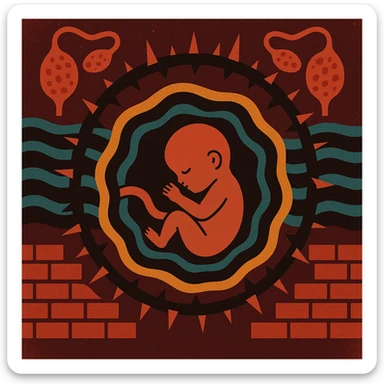 conceptual illustration of stylized embryo surrounded by visual barriers like thorns, waves or walls, polycystic ovaries in background, colors suggesting difficulty and hostility, infographic style sticker