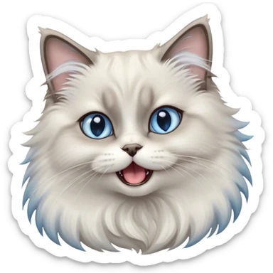 Cinematic Adorable Fluffy Light Grey Mantle Ragdoll Cat Portrait Emoji, Head tilted cutely with big, sparkling blue eyes, soft light grey fur with darker points on the ears, face, and paws, Simplified yet irresistibly adorable features, highly detailed, glowing with a soft, warm glow, high shine, yawning in a peaceful and playful manner, stylized with a touch of whimsy, bright and endearing, soft glowing outline, capturing the essence of a relaxed and loving kitten, so cute it feels like it could leap out of the screen and stretch into a cozy nap! sticker