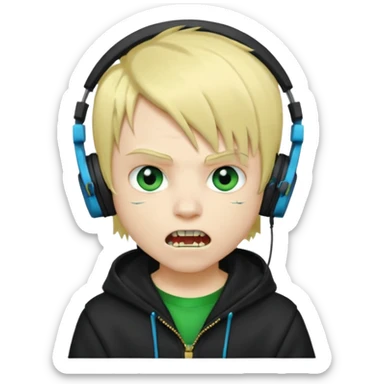 boy vampire whit blonde emo hair and eyes blue and GREEN SKIN and heandphones black AND A MICROFONE AND GOLD TEETH and agesive face and the hoodie black  sticker