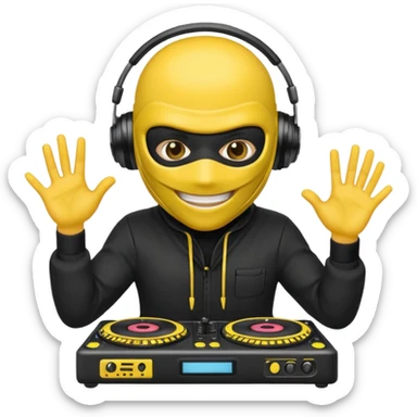 Make a customized yellow head emoji with hands and holding a dj turn table  in a ninja face mask sticker