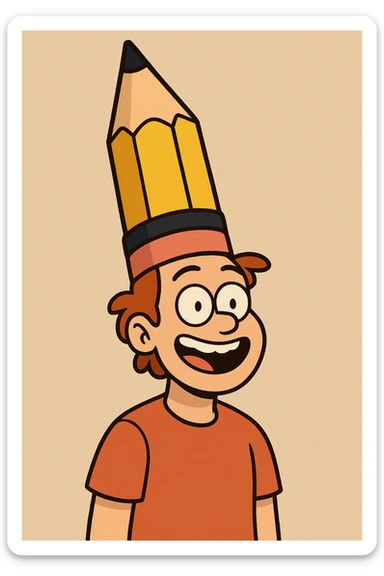 a person smiling, wearing a tall pencil hat, simple illustration, cartoon style, colorful, fun sticker