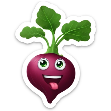 miling beetroot with big expressive eyes, rosy cheeks, and a green leaf on top. Simple and bright design with a cheerful and cartoonish style. sticker
