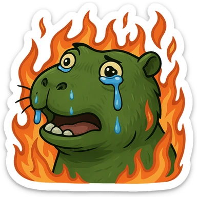 crying capybara, a fire around, bufo style sticker