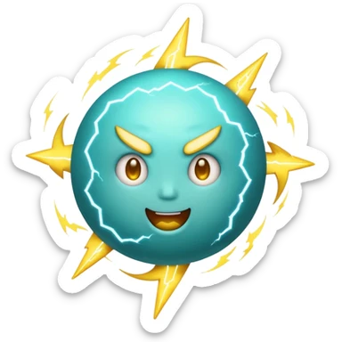 Uranus emoji in Apple-style, blue-green planet with rings, a big, excited, and playful face, and a prominent yellow lightning bolt in front, radiating chaotic and electric energy sticker