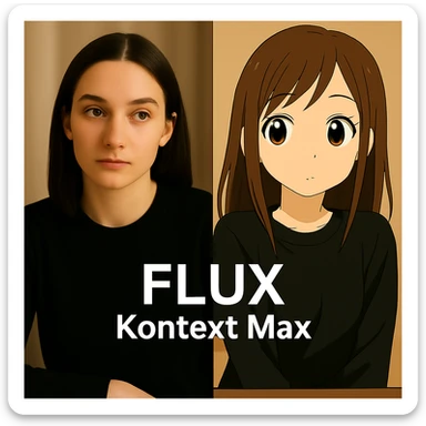 same similar image but chnage the text to "Flux Kontext Max", change people and pose too sticker