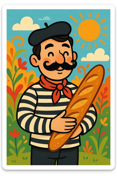 A charming, cartoonish style Frenchman with a moustache and a beret, holding a baguette, wearing a black and white striped shirt. sticker