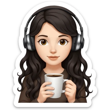 A white girl with black wavy long hair, wearing headphones on her head and holding coffee in her hand SHe has delicate facial features sticker