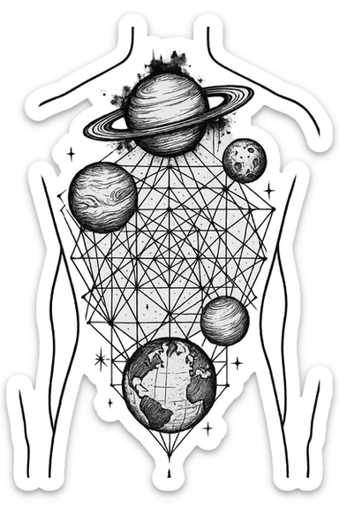 a design for an immersive back tattoo, showing linework of galactic planets and a glalactic ley lines matrix map. black linework. gothic. trashpolka sticker