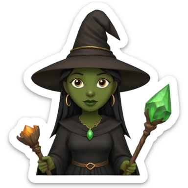 ведьма-африканка с зеленой кожей с широким носом в черном платье и черной ведьминской шляпе с посохом и длинными черными волосами  sticker