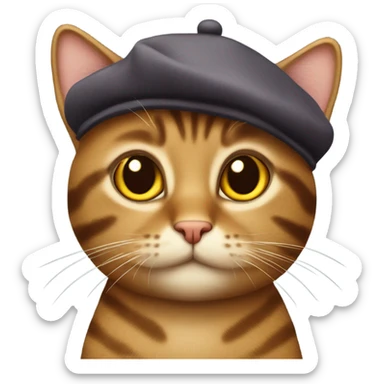 Brown tabby cat with a beret sticker