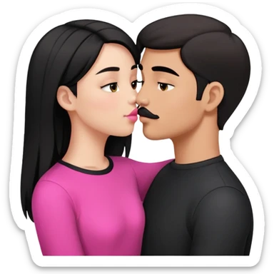 Brunette boy with short hair and black mustache wearing black clothes, kissing white girl with long black hair wearing pink clothes sticker