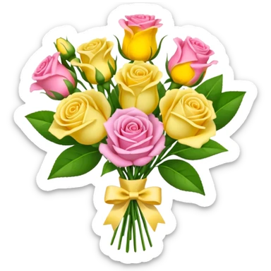 A mixed bouquet of four flowers, including pink roses and yellow lisianthus. sticker