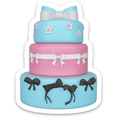 Pastel blue pink shaped birthday cake with black and white bows and flowers sticker
