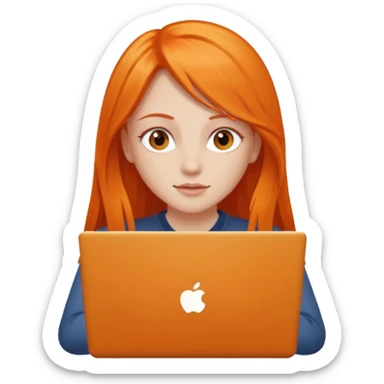 a girl who has a long orange hair is using a laptop sticker
