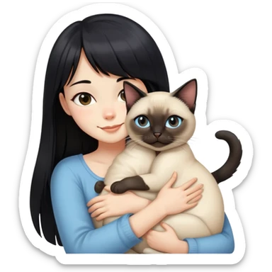 A girl with long black hair and bangs happily hugs a Siamese cat sticker